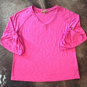 Ellen Tracy Bright Pink V‑Neck 3/4 Sleeve Top with Ring Detail